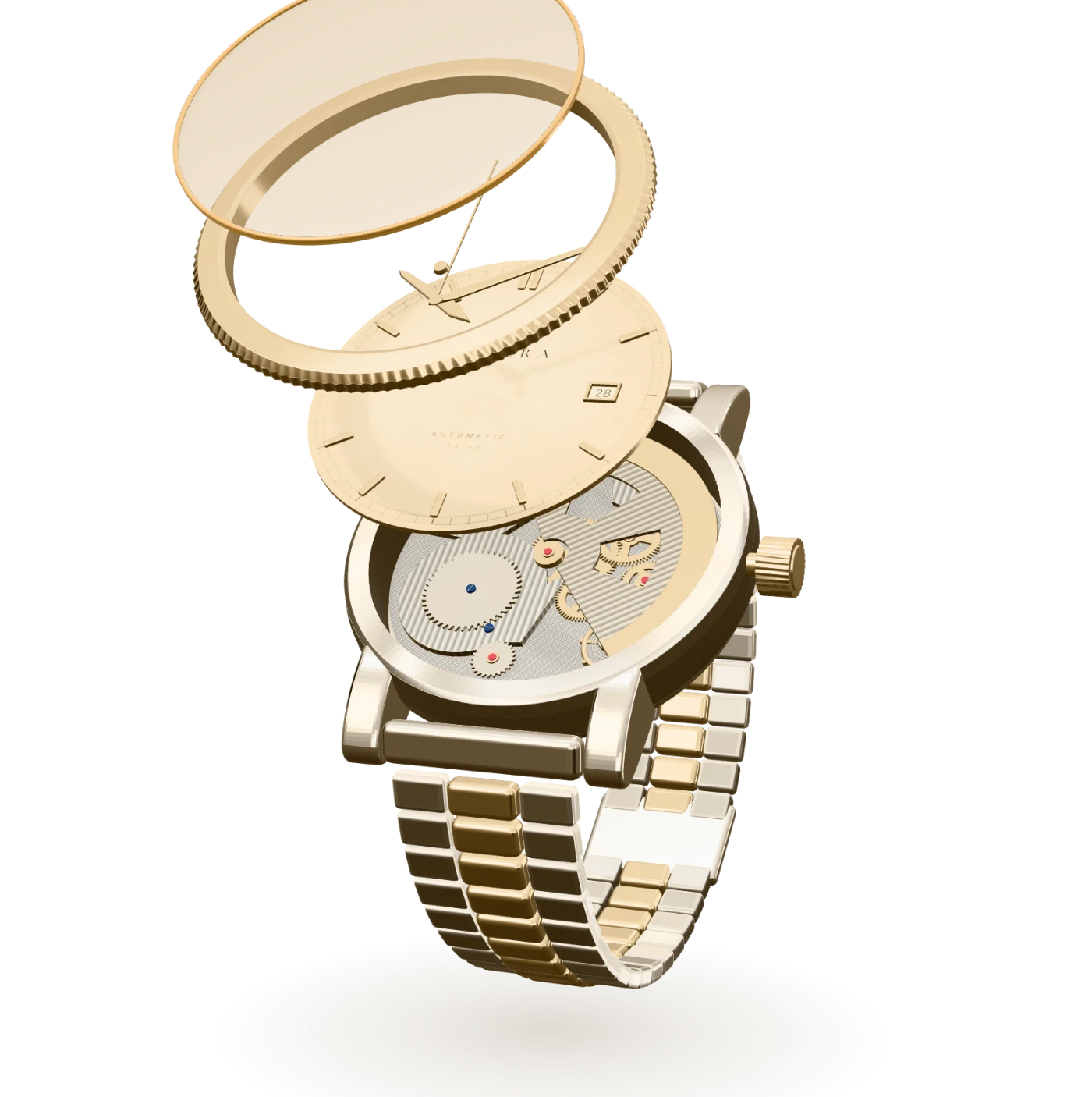 The watch partly disassembled: crystal, bezel and dial lifted above the movement