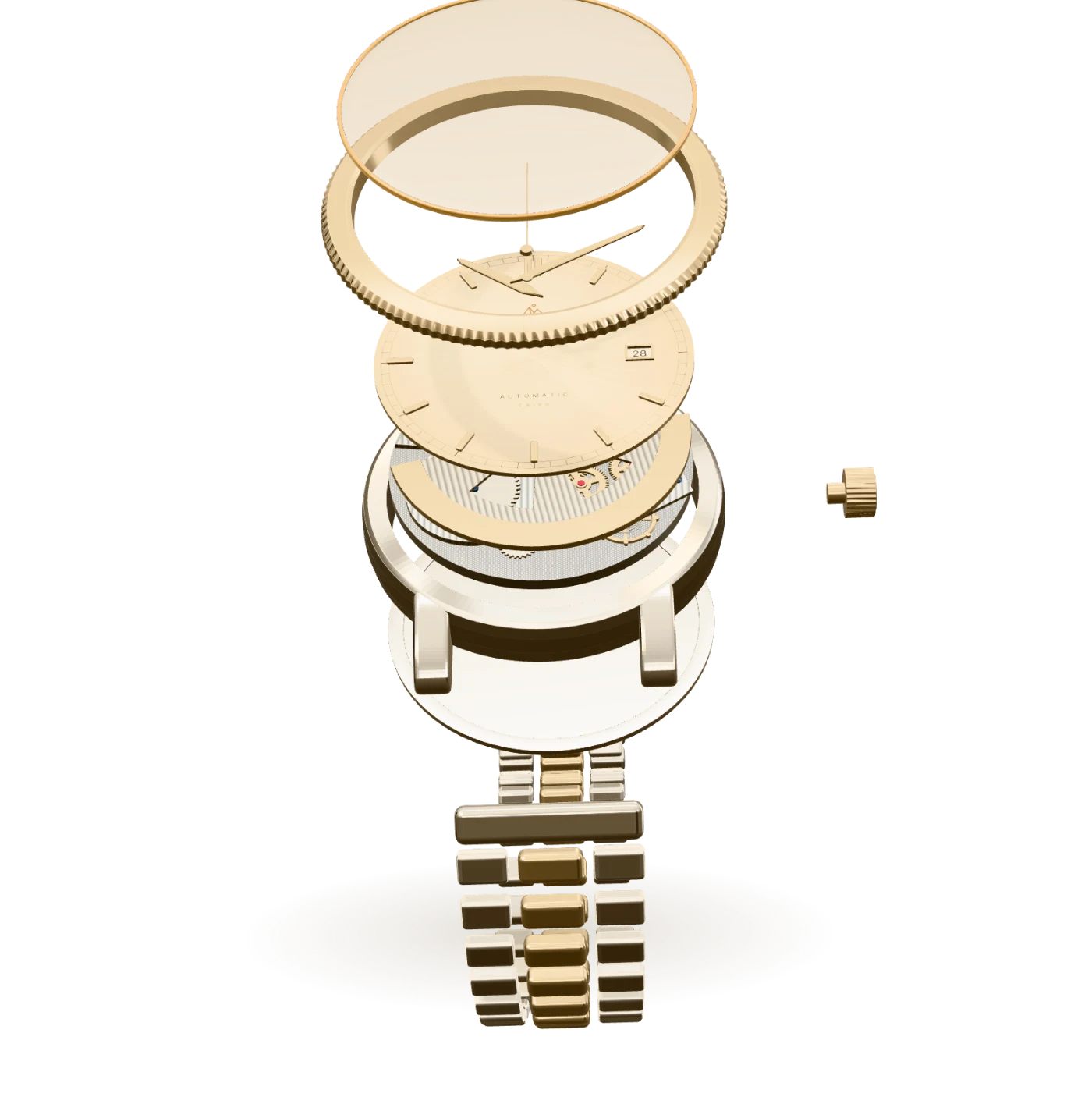 Exploded view of a NETERA watch showing crystal, bezel, hands, dial, movement, case, case back and bracelet