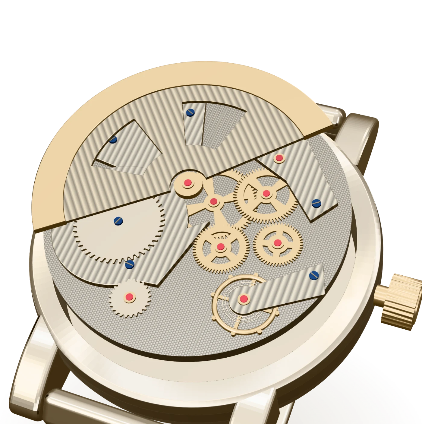 The automatic movement with rotor, barrel, gear train, escapement, balance wheel and jewels